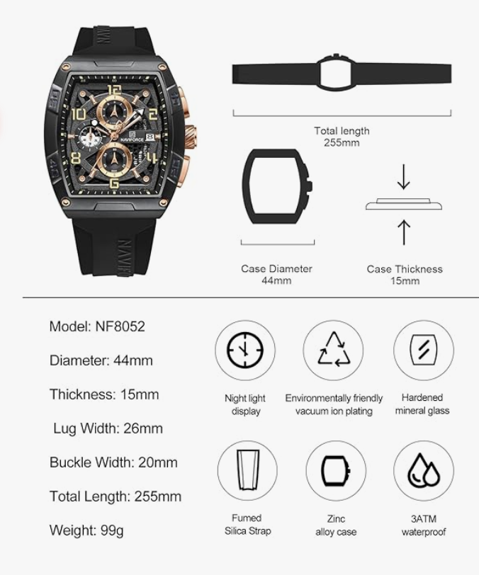 NAVIFORCE NF8052 Luminous Hollow Dial Barrel-Shaped Silicon Strap Sports Watch